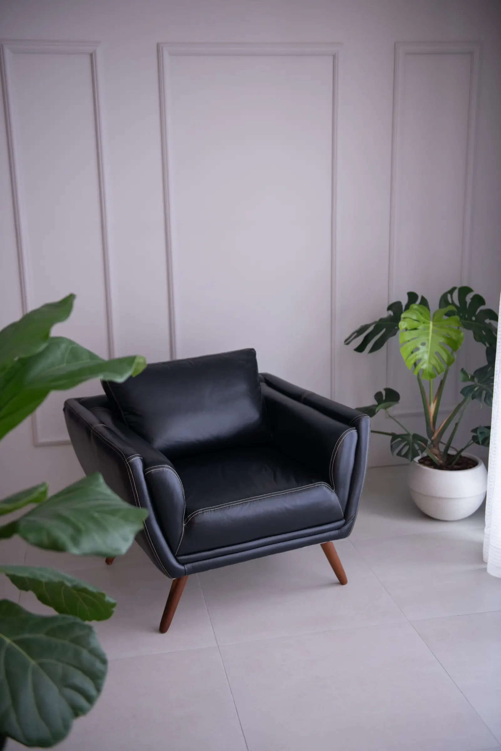 Poltrona de couro preto diante de parede com molduras brancas, entre plantas
